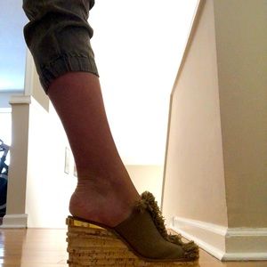 Khaki Chloe wedge sandals with round toes,gold trim